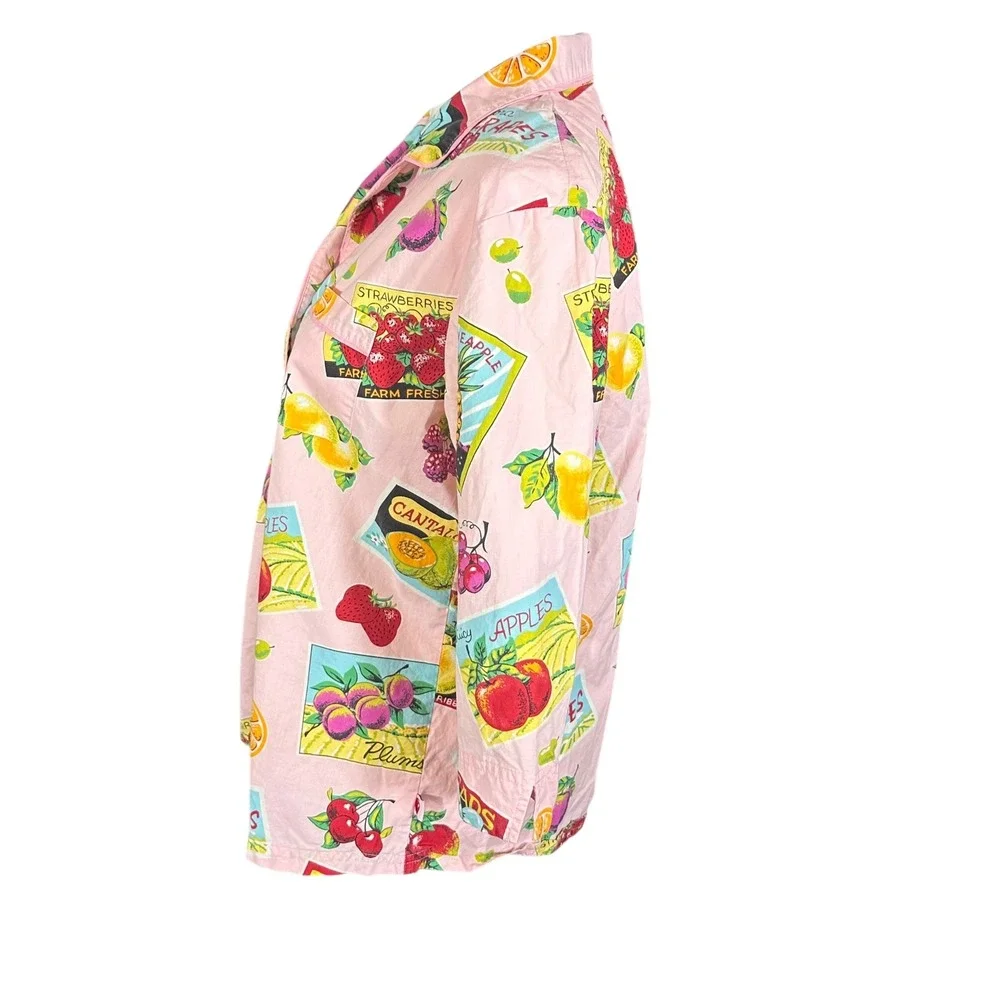 Nick & Nora Pajama Top Womens Medium Pink‎ Fruit Crate Stand Print Cotton